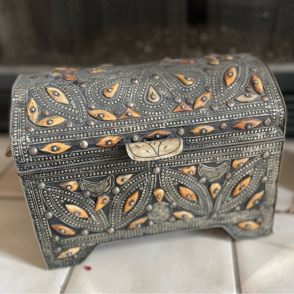 Other - Antique Ornate Handcrafted Moroccan Evil Eye Wood Chest Decorative Box